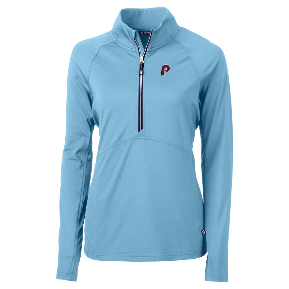 Philadelphia Phillies Cutter & Buck Women's Cooperstown Collection DryTec Adapt Eco Knit Stretch Recycled Raglan Half-Zip Top - Powder Blue Tops