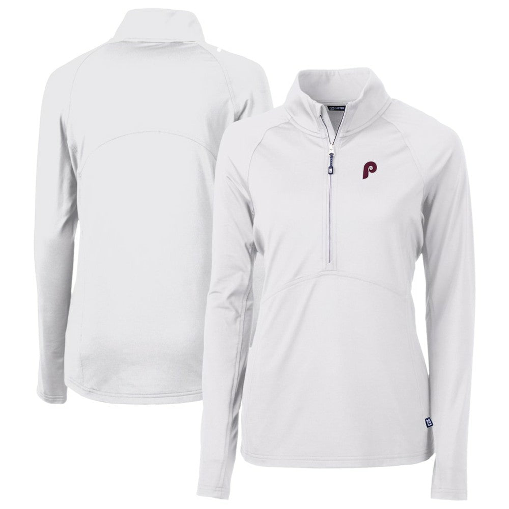 Philadelphia Phillies Cutter & Buck Women's Cooperstown Collection DryTec Adapt Eco Knit Stretch Recycled Raglan Half-Zip Top - White Tops