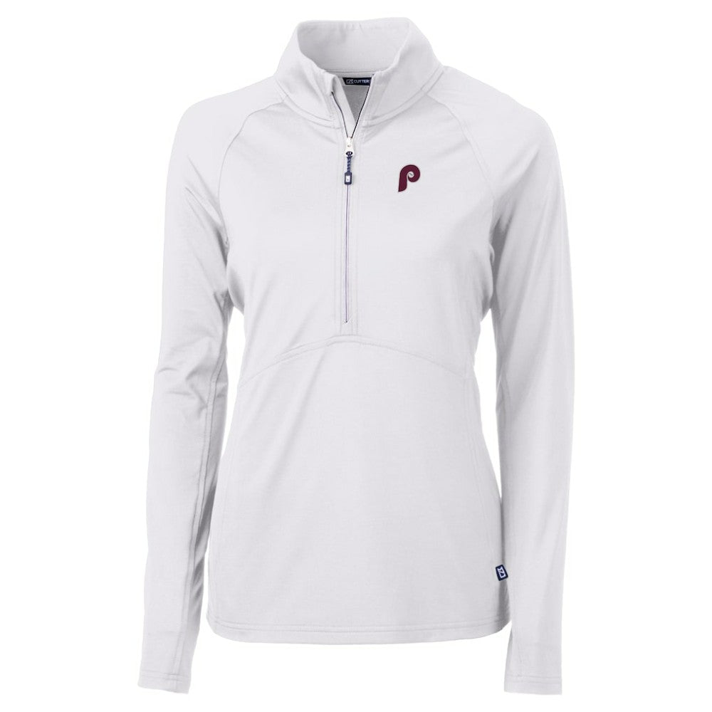 Philadelphia Phillies Cutter & Buck Women's Cooperstown Collection DryTec Adapt Eco Knit Stretch Recycled Raglan Half-Zip Top - White Tops