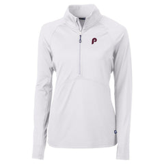 Philadelphia Phillies Cutter & Buck Women's Cooperstown Collection DryTec Adapt Eco Knit Stretch Recycled Raglan Half-Zip Top - White Tops