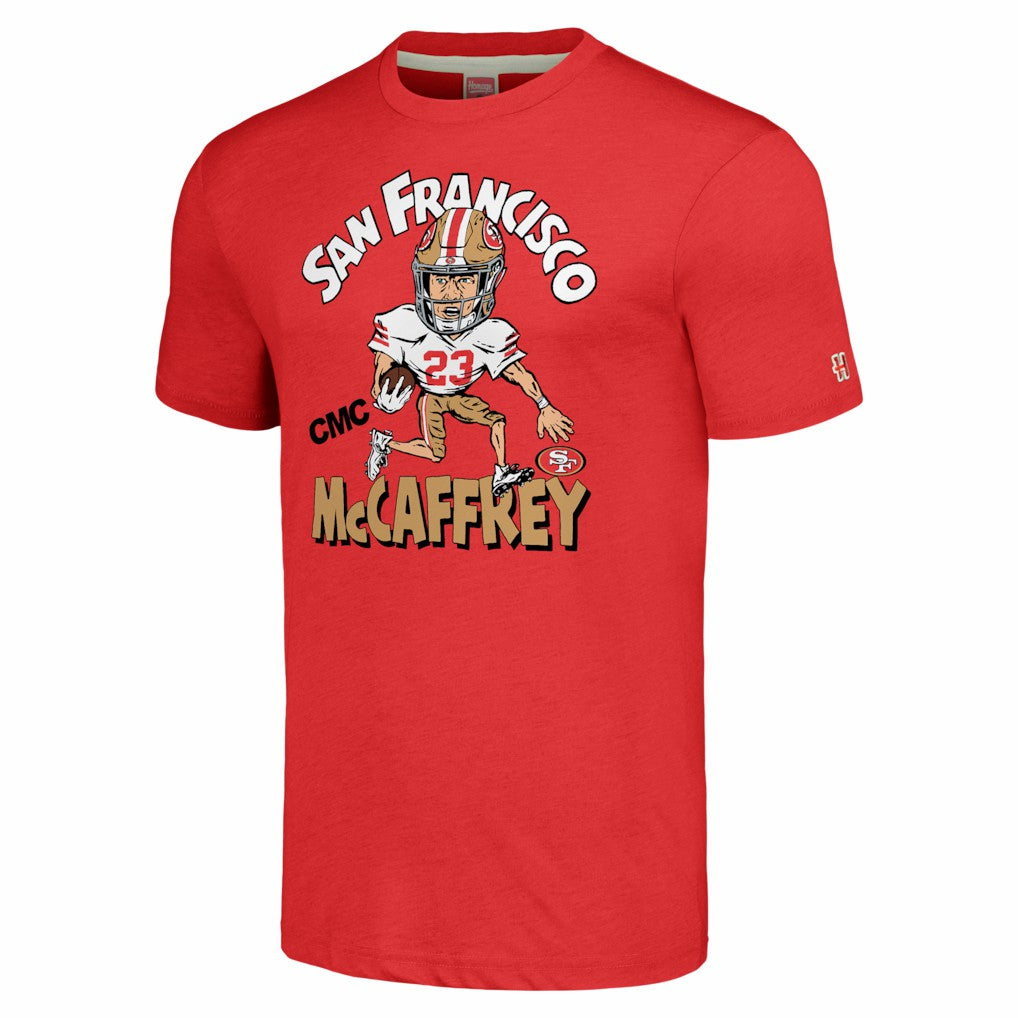 Christian McCaffrey San Francisco 49ers Homage Unisex Caricature Player Tri-Blend T-Shirt Scarlet