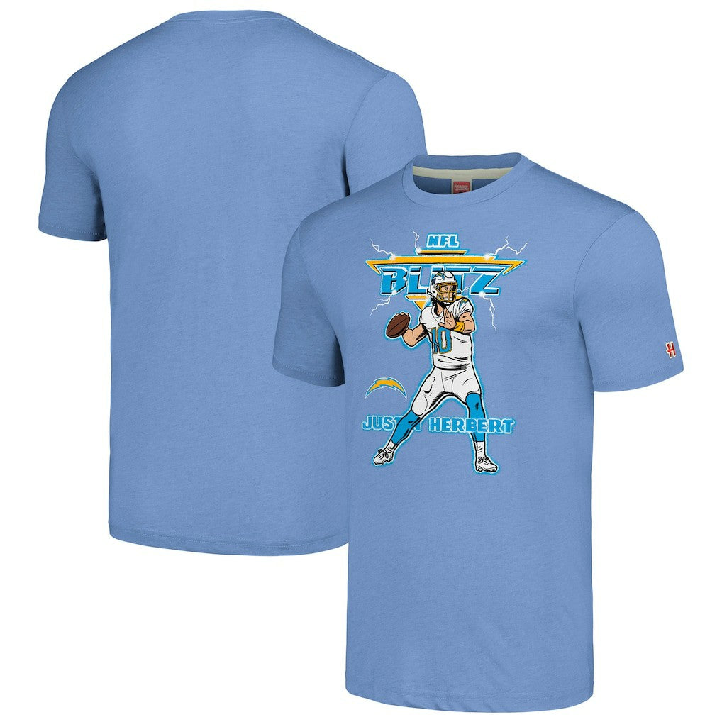 Justin Herbert Los Angeles Chargers Homage Unisex NFL Blitz Player Tri-Blend T-Shirt Heathered Powder Blue