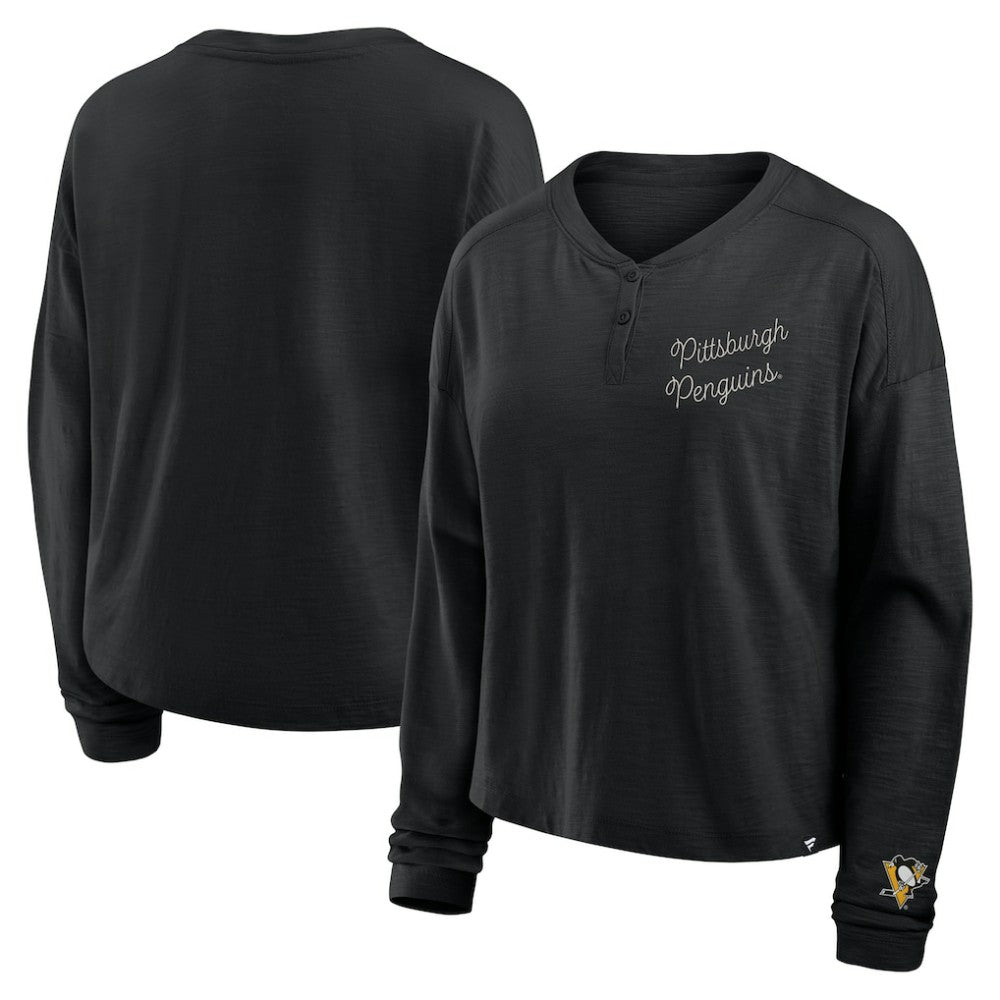 NHL Pittsburgh Penguins Fanatics Women's Oversized All Out Effort Long Sleeve Henley T-Shirt - Black