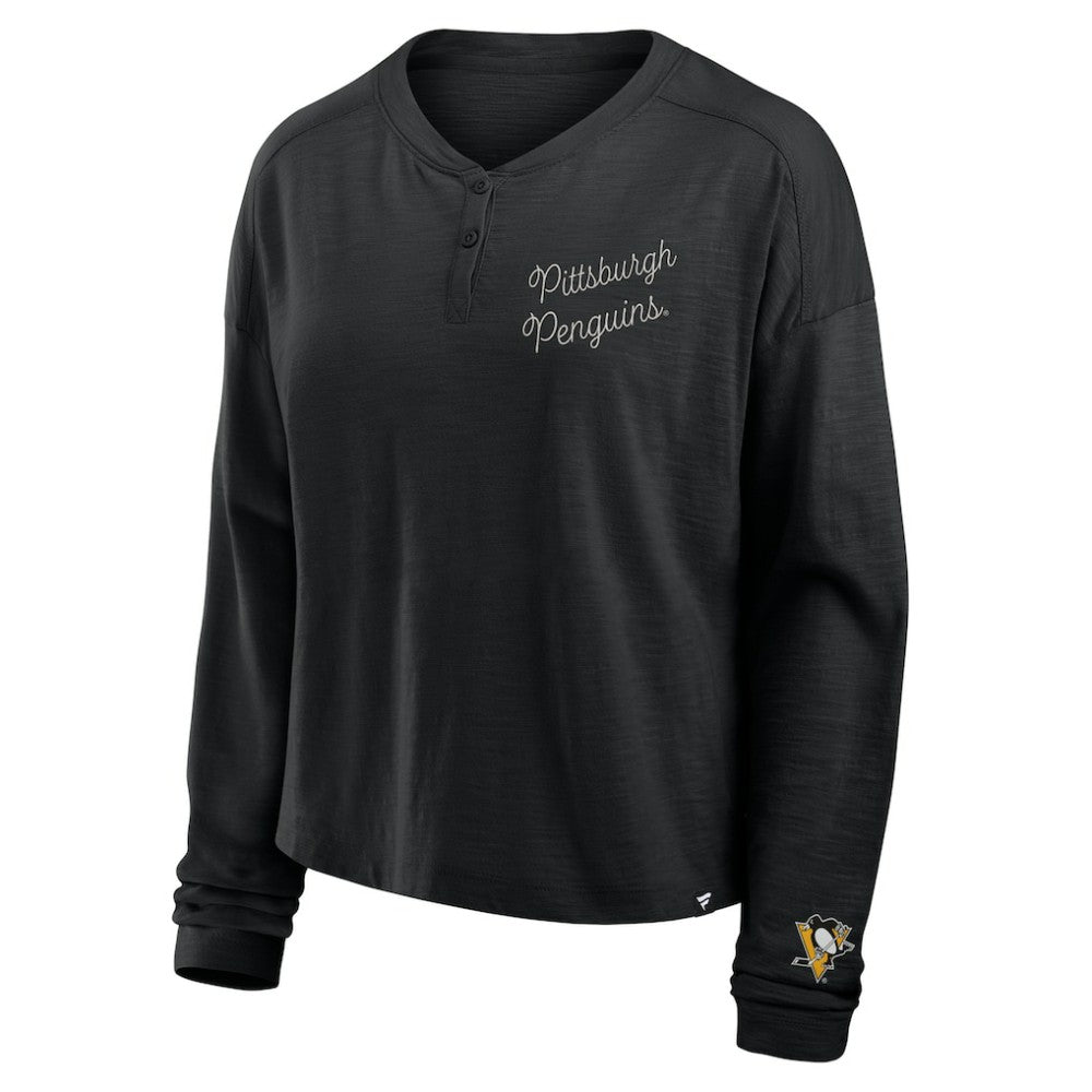 NHL Pittsburgh Penguins Fanatics Women's Oversized All Out Effort Long Sleeve Henley T-Shirt - Black