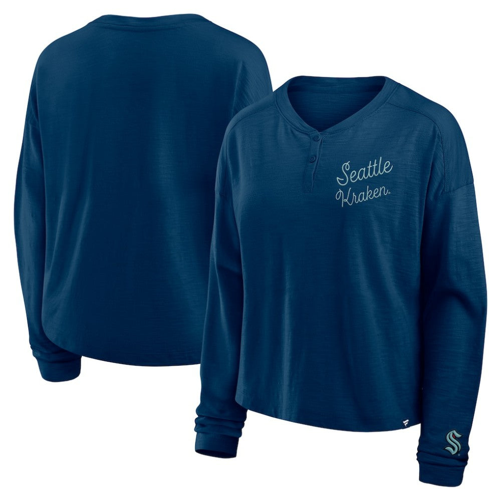 NHL Seattle Kraken Fanatics Women's Oversized All Out Effort Long Sleeve Henley T-Shirt - Deep Sea Blue