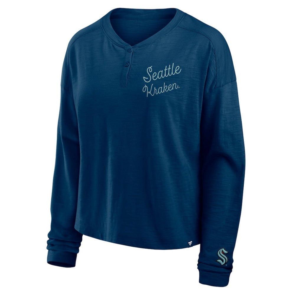 NHL Seattle Kraken Fanatics Women's Oversized All Out Effort Long Sleeve Henley T-Shirt - Deep Sea Blue