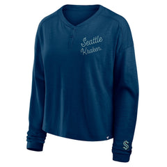 NHL Seattle Kraken Fanatics Women's Oversized All Out Effort Long Sleeve Henley T-Shirt - Deep Sea Blue