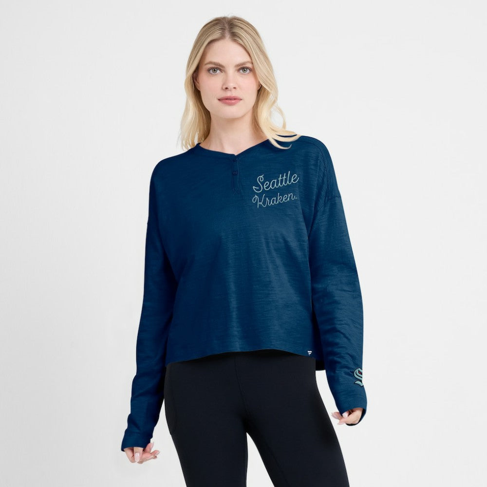 NHL Seattle Kraken Fanatics Women's Oversized All Out Effort Long Sleeve Henley T-Shirt - Deep Sea Blue