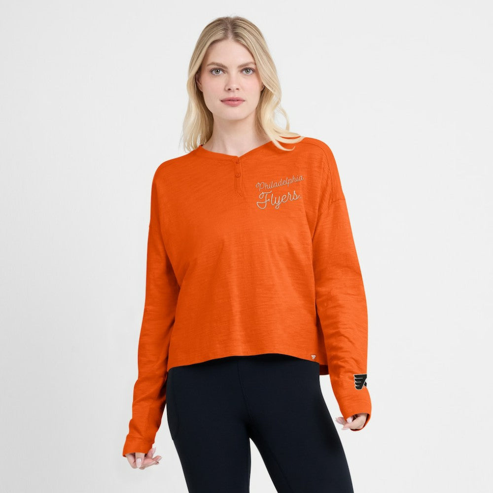 NHL Philadelphia Flyers Fanatics Women's Oversized All Out Effort Long Sleeve Henley T-Shirt - Orange