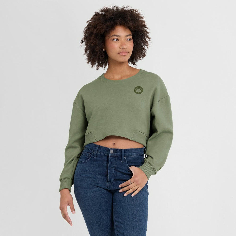 Boston Celtics Women's Studio Tri-Blend Cropped Pullover Sweatshirt Olive
