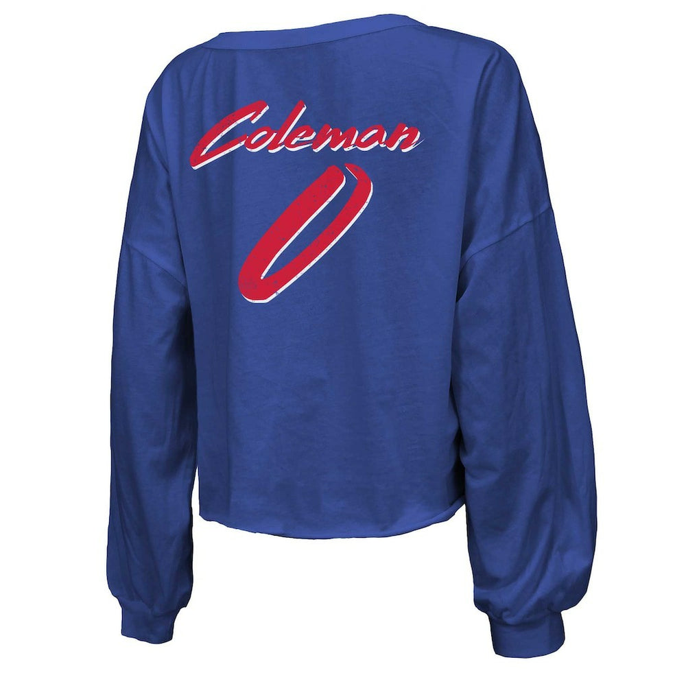 Keon Coleman Buffalo Bills Majestic Threads Women's Name & Number Off-Shoulder Script Cropped Long Sleeve V-Neck T-Shirt Royal