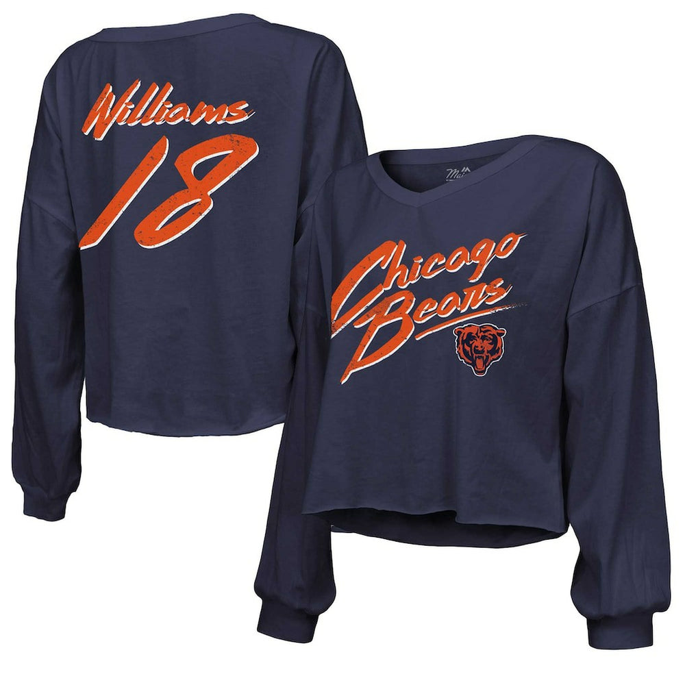 Caleb Williams Chicago Bears Majestic Threads Women's Name & Number Off-Shoulder Script Cropped Long Sleeve Relaxed V-Neck T-Shirt Navy