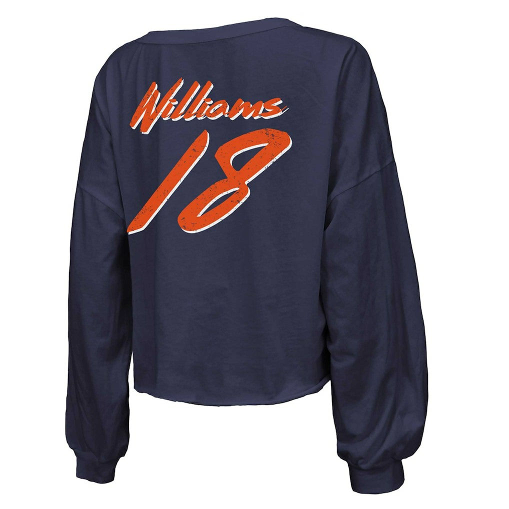 Caleb Williams Chicago Bears Majestic Threads Women's Name & Number Off-Shoulder Script Cropped Long Sleeve Relaxed V-Neck T-Shirt Navy