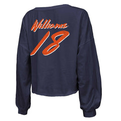 Caleb Williams Chicago Bears Majestic Threads Women's Name & Number Off-Shoulder Script Cropped Long Sleeve Relaxed V-Neck T-Shirt Navy