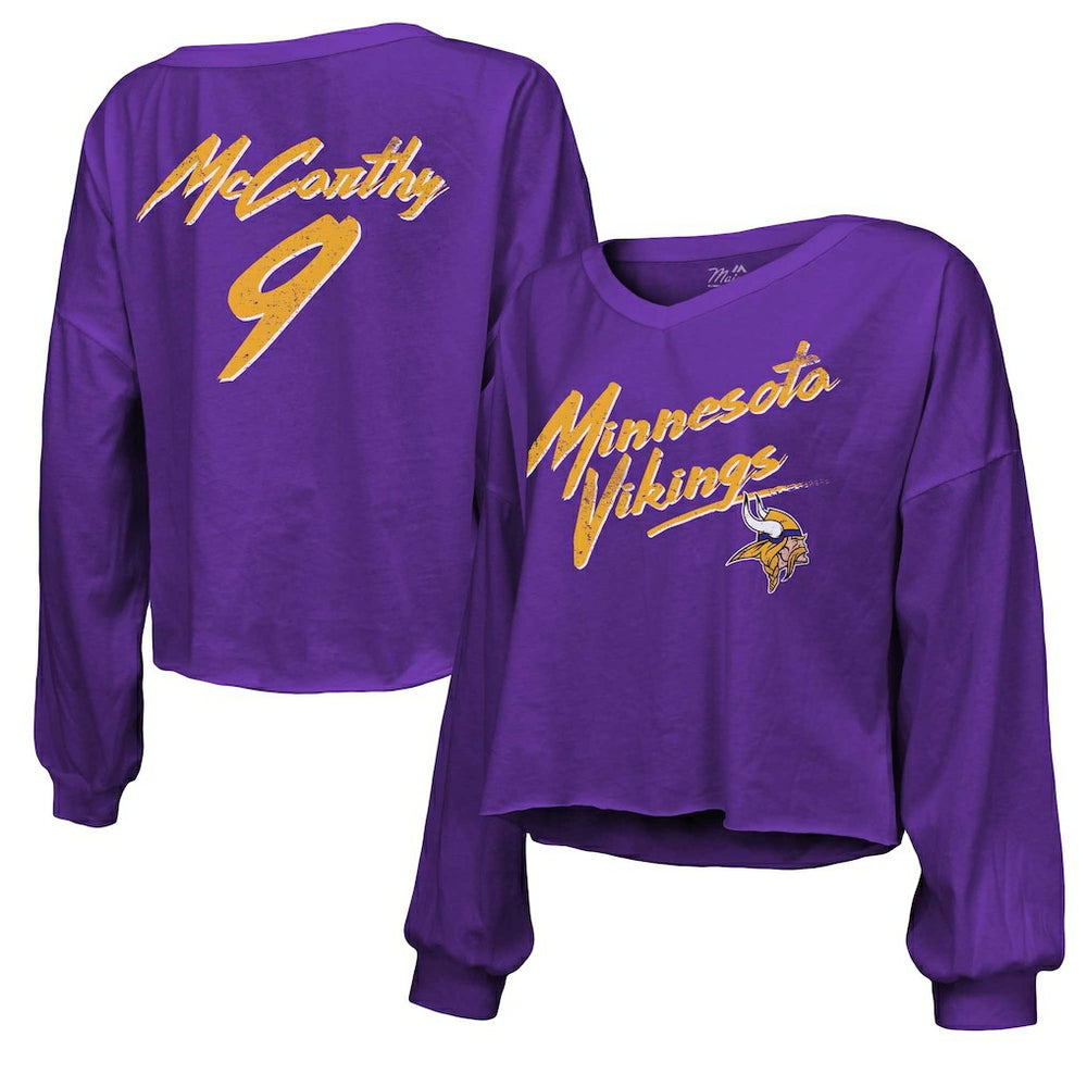 J.J. McCarthy Minnesota Vikings Majestic Threads Women's Name & Number Off-Shoulder Script Cropped Long Sleeve V-Neck T-Shirt Purple