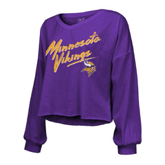 J.J. McCarthy Minnesota Vikings Majestic Threads Women's Name & Number Off-Shoulder Script Cropped Long Sleeve V-Neck T-Shirt Purple