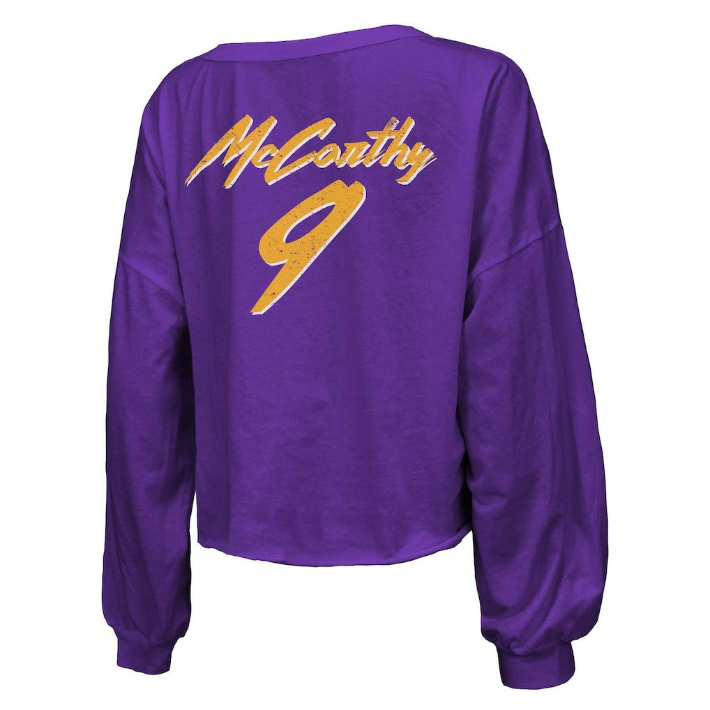 J.J. McCarthy Minnesota Vikings Majestic Threads Women's Name & Number Off-Shoulder Script Cropped Long Sleeve V-Neck T-Shirt Purple