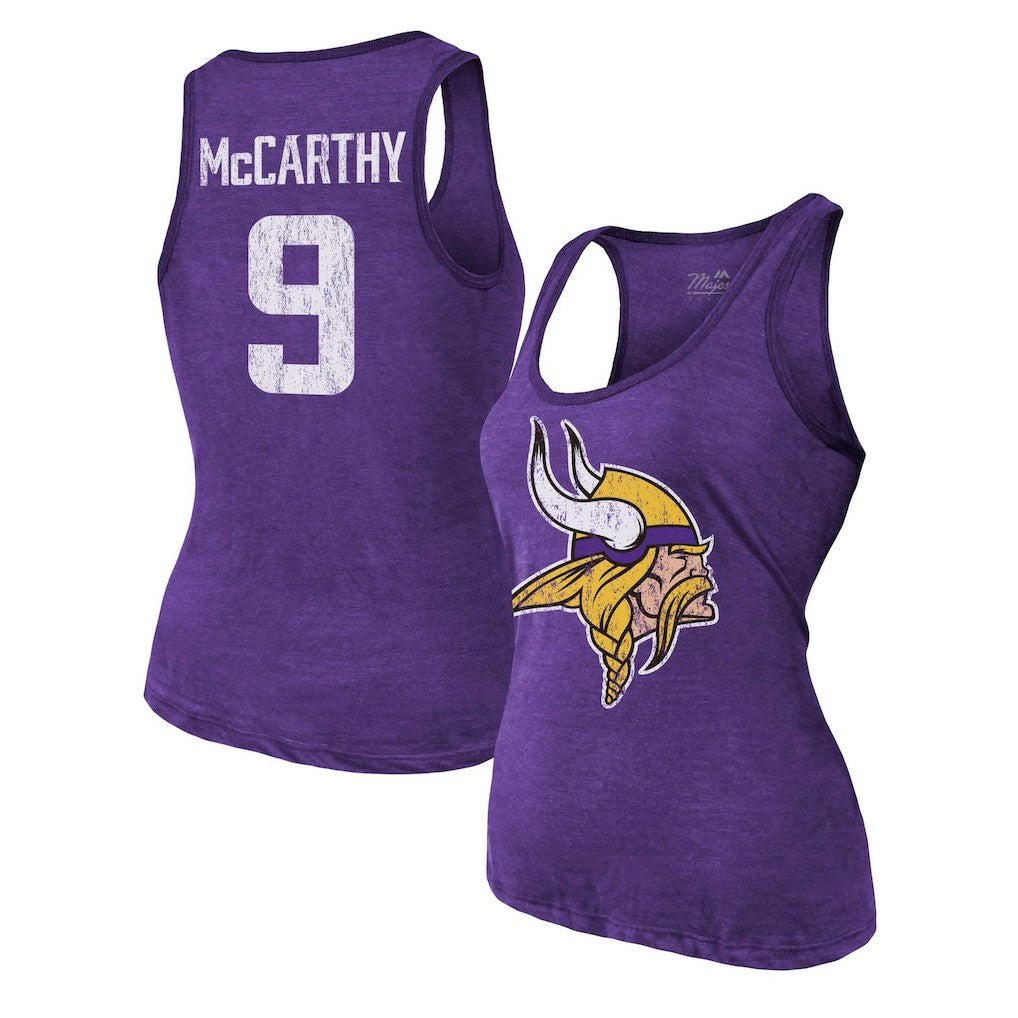 J.J. McCarthy Minnesota Vikings Majestic Threads Women's Name & Number Tri-Blend Scoop Neck Tank Top Purple