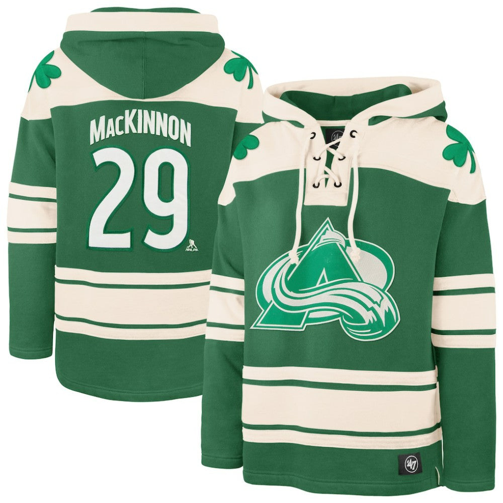 NHL Nathan MacKinnon Colorado Avalanche '47 St. Patrick's Day Player Name & Number Lacer Pullover Hoodie - Kelly Green