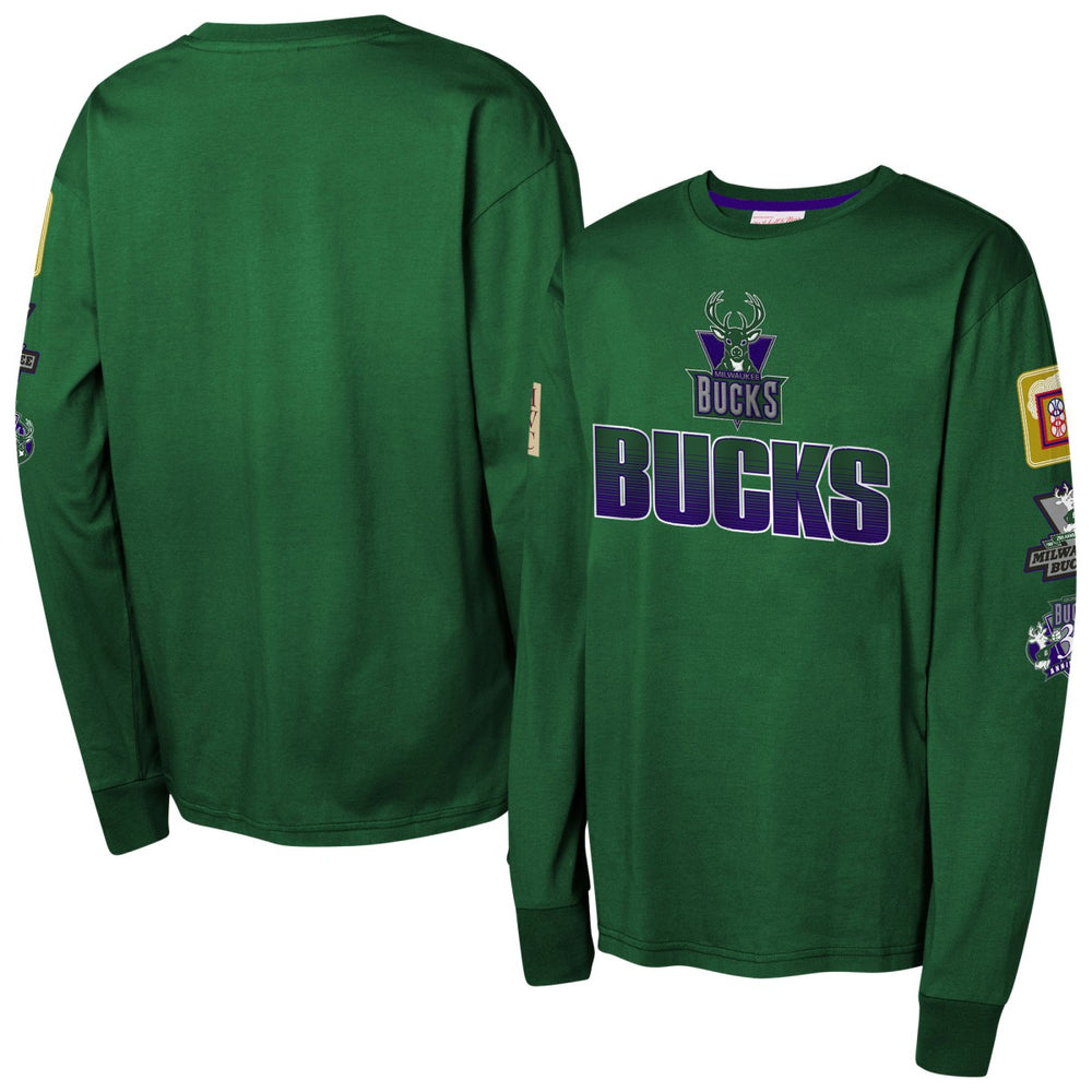 Milwaukee Bucks Youth Hardwood Classics All Over Long Sleeve T-Shirt Hunter Green