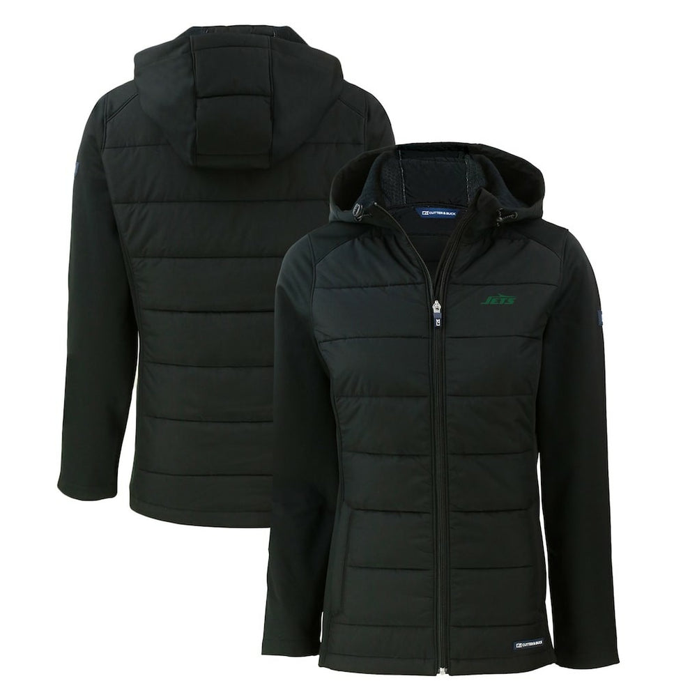 New York Jets Cutter & Buck Women's Primary Logo Evoke Hybrid Eco Softshell Recycled Full-Zip Hoodie Jacket Black