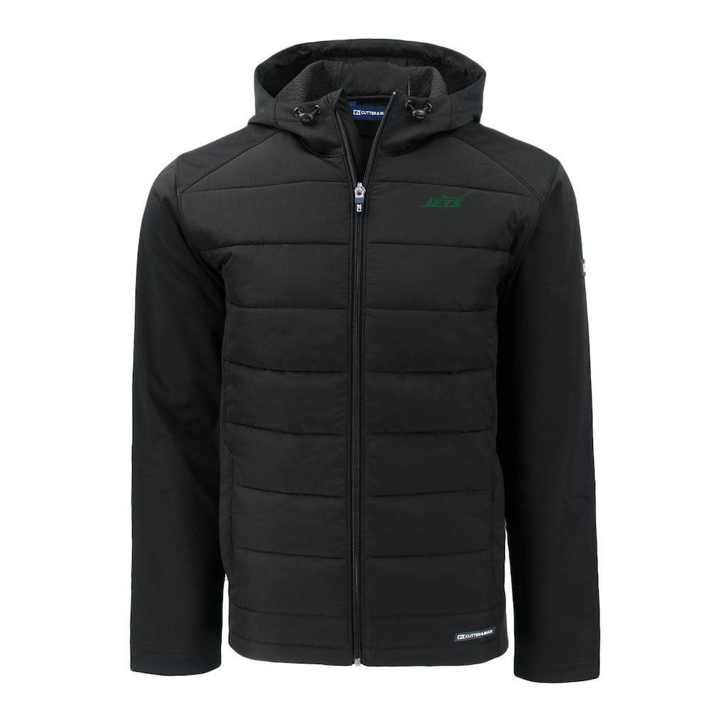 New York Jets Cutter & Buck Primary Logo Evoke Hybrid Eco Softshell Recycled Full-Zip Hooded Jacket Black