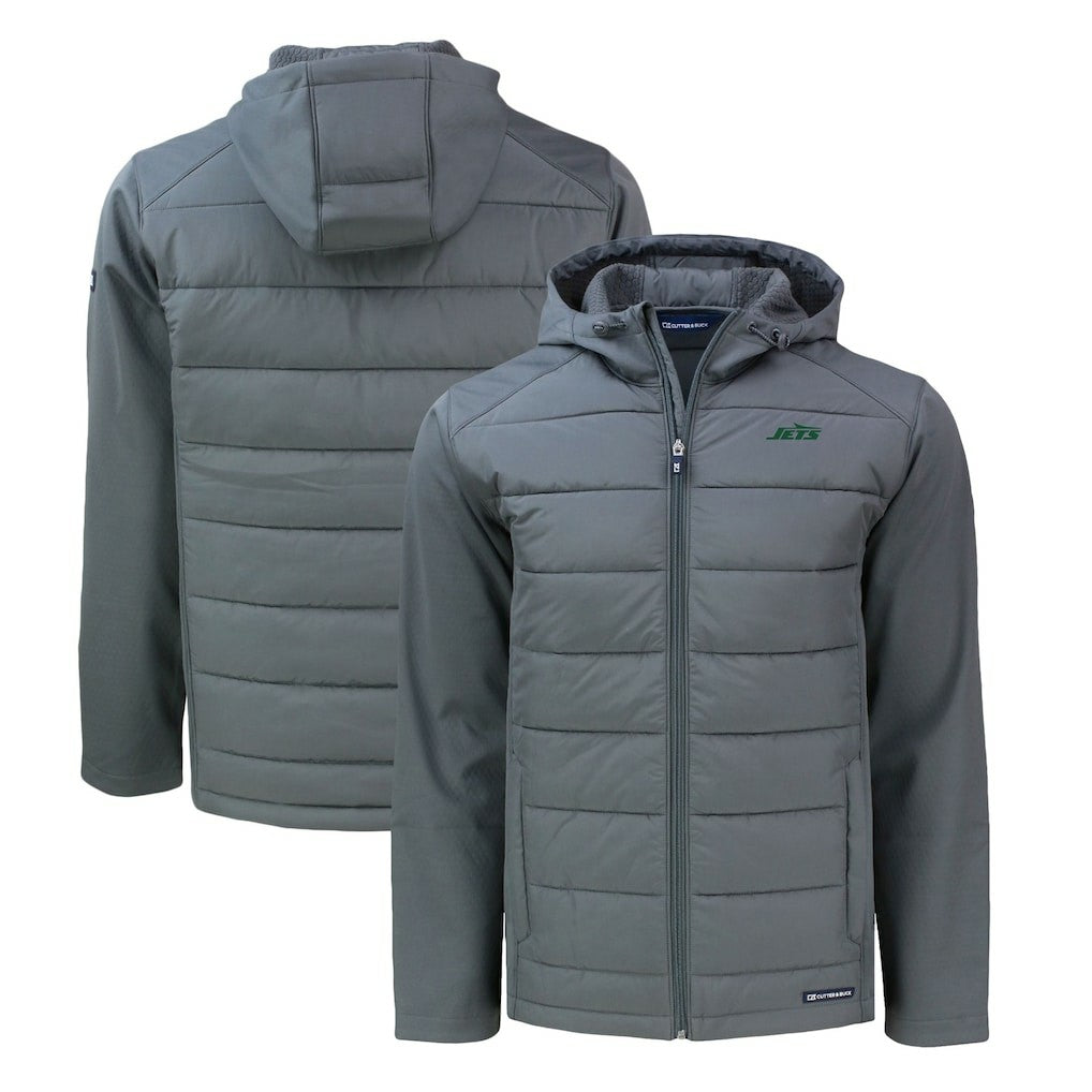New York Jets Cutter & Buck Primary Logo Evoke Hybrid Eco Softshell Recycled Full-Zip Hooded Jacket Gray