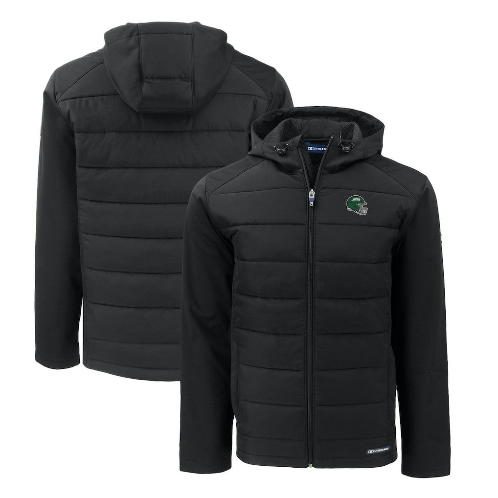 New York Jets Cutter & Buck Big & Tall Helmet Evoke Hybrid Eco Softshell Recycled Full-Zip Hoodie Jacket Black