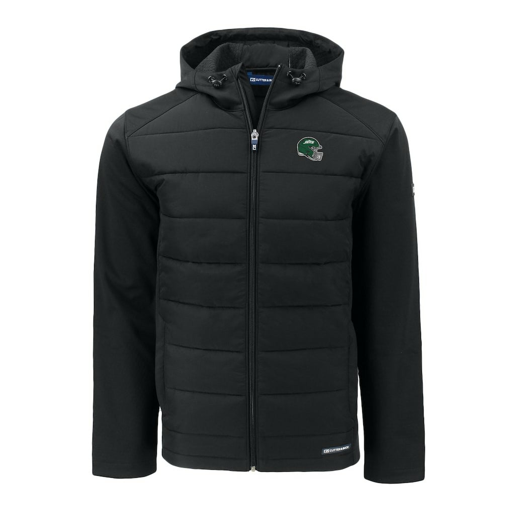 New York Jets Cutter & Buck Big & Tall Helmet Evoke Hybrid Eco Softshell Recycled Full-Zip Hoodie Jacket Black