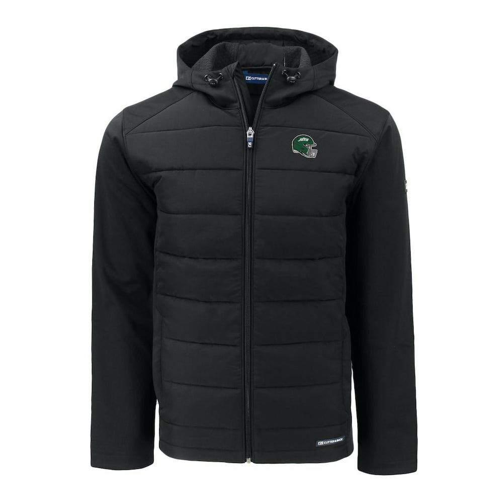 New York Jets Cutter & Buck Big & Tall Helmet Evoke Hybrid Eco Softshell Recycled Full-Zip Hoodie Jacket Black