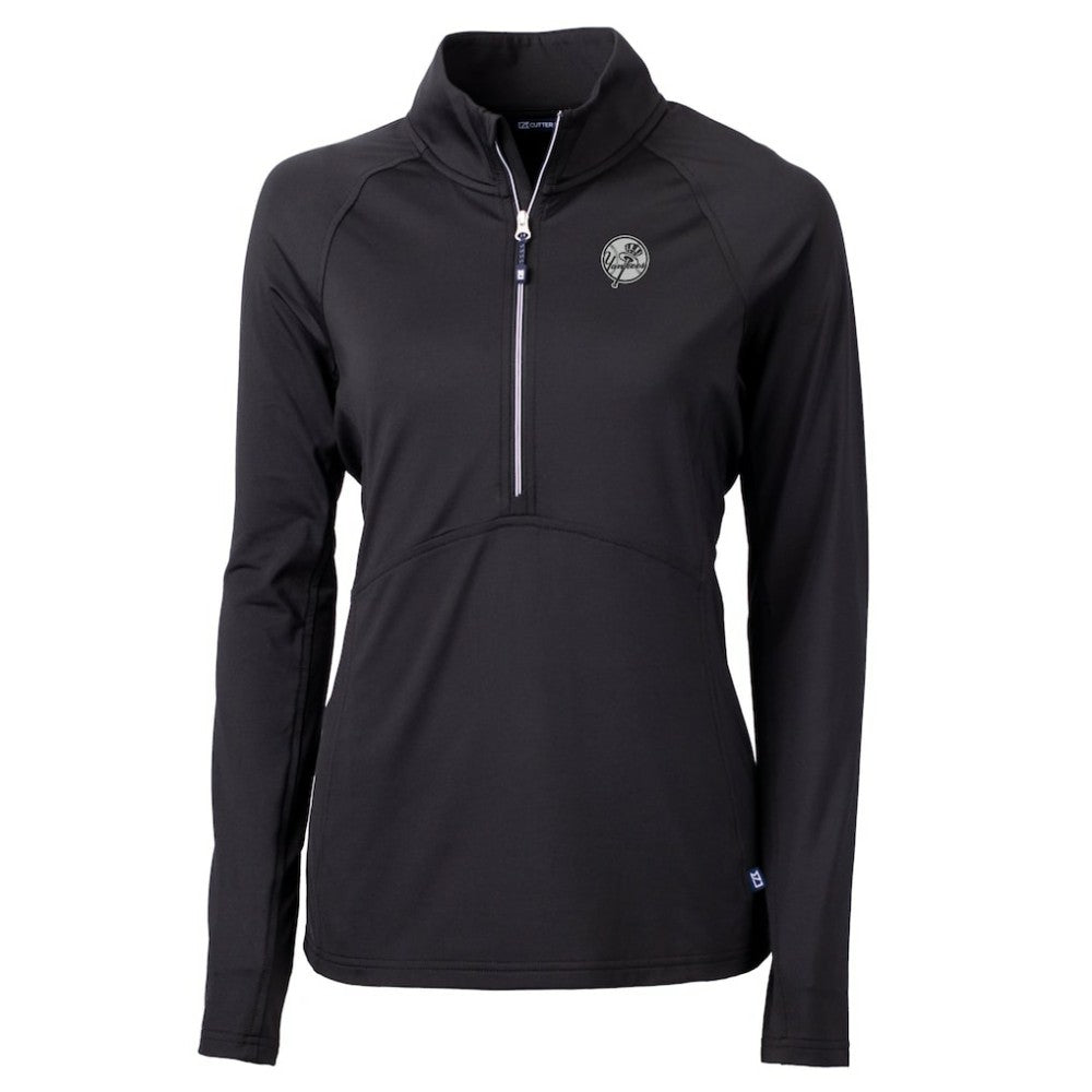 New York Yankees Cutter & Buck Women's Adapt Eco Knit Stretch Recycled Half-Zip DryTec Top - Black Tops