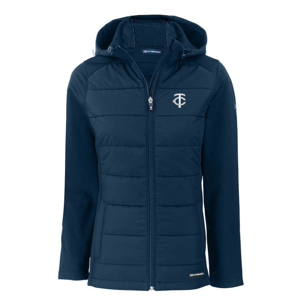 Minnesota Twins Cutter & Buck Women's Evoke Hybrid Eco Softshell Recycled Full-Zip Hooded Jacket - Navy Jackets