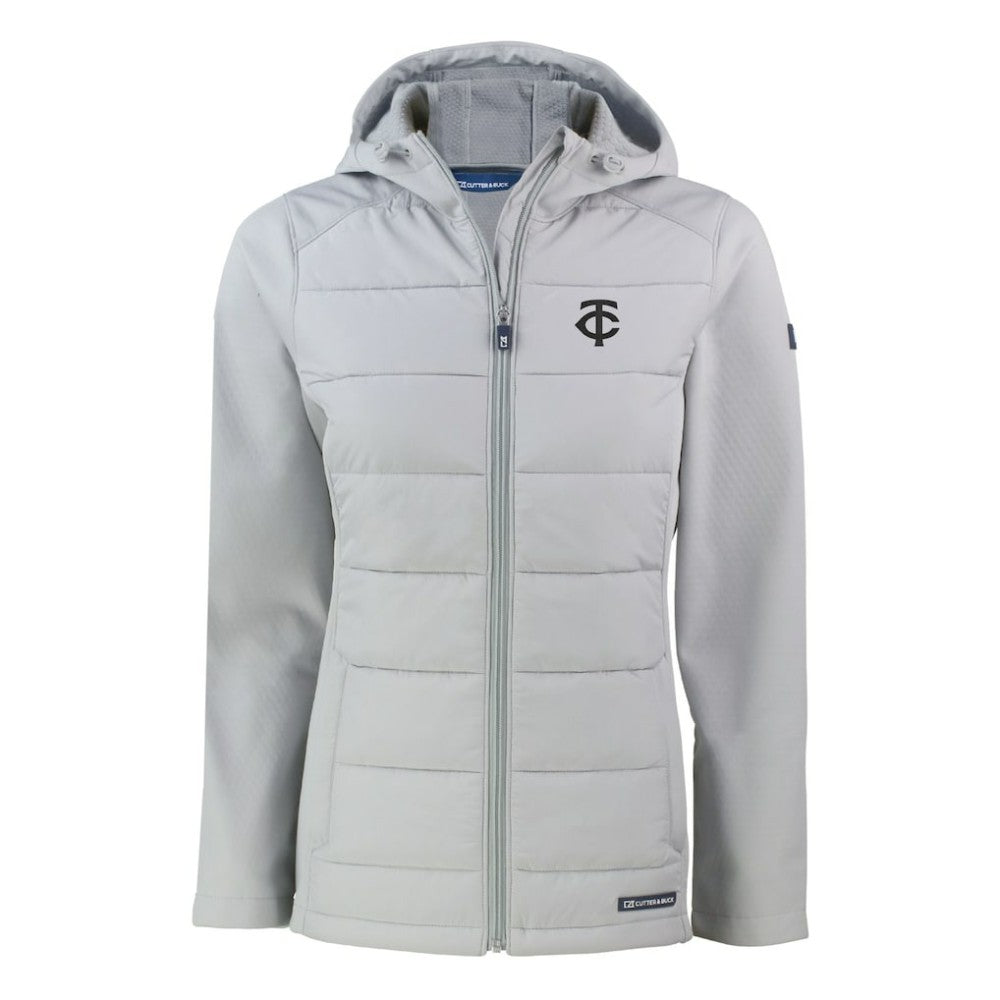 Minnesota Twins Cutter & Buck Women's Evoke Hybrid Eco Softshell Recycled Full-Zip Hooded Jacket - Gray Jackets