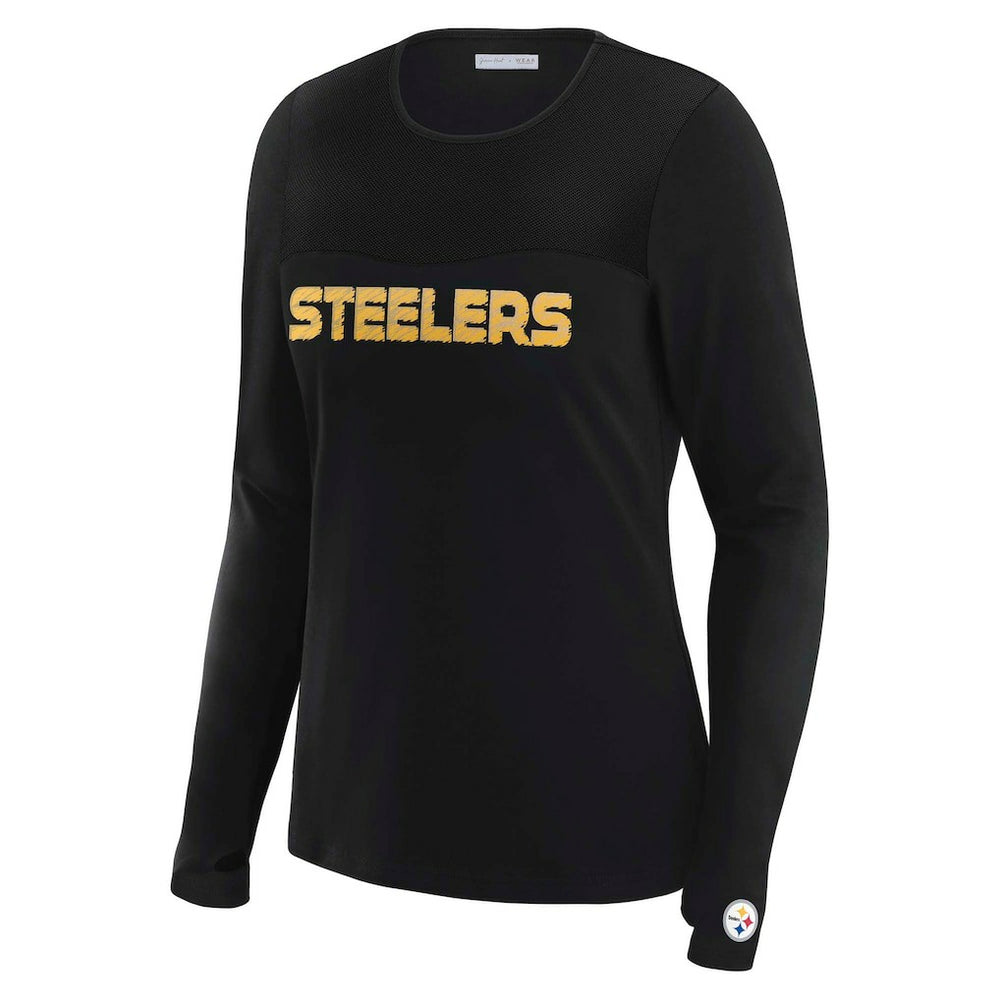 Pittsburgh Steelers WEAR by Erin Andrews x Gracie Hunt Women's Mesh Panel Long Sleeve T-Shirt Black