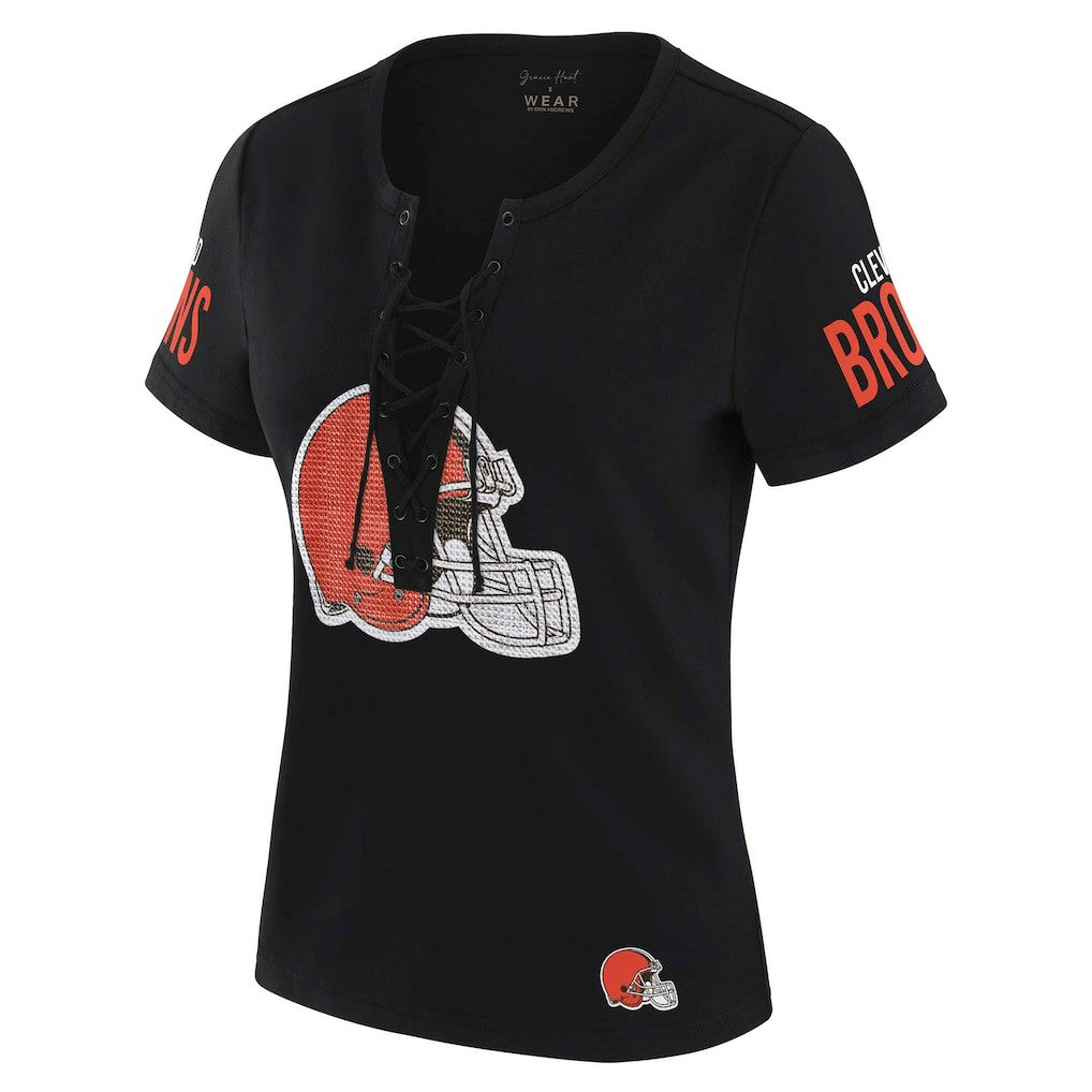 Cleveland Browns WEAR by Erin Andrews x Gracie Hunt Women's Draft Me Lace-Up T-Shirt Black