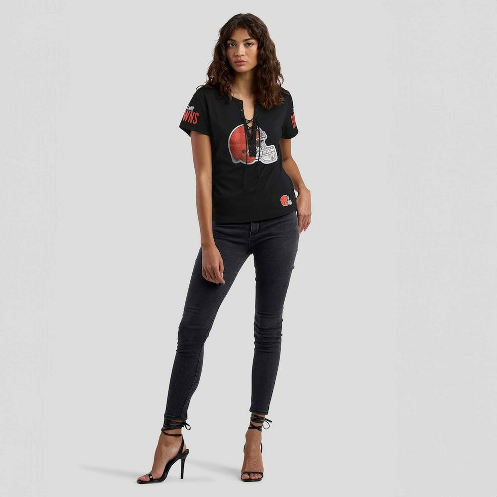 Cleveland Browns WEAR by Erin Andrews x Gracie Hunt Women's Draft Me Lace-Up T-Shirt Black