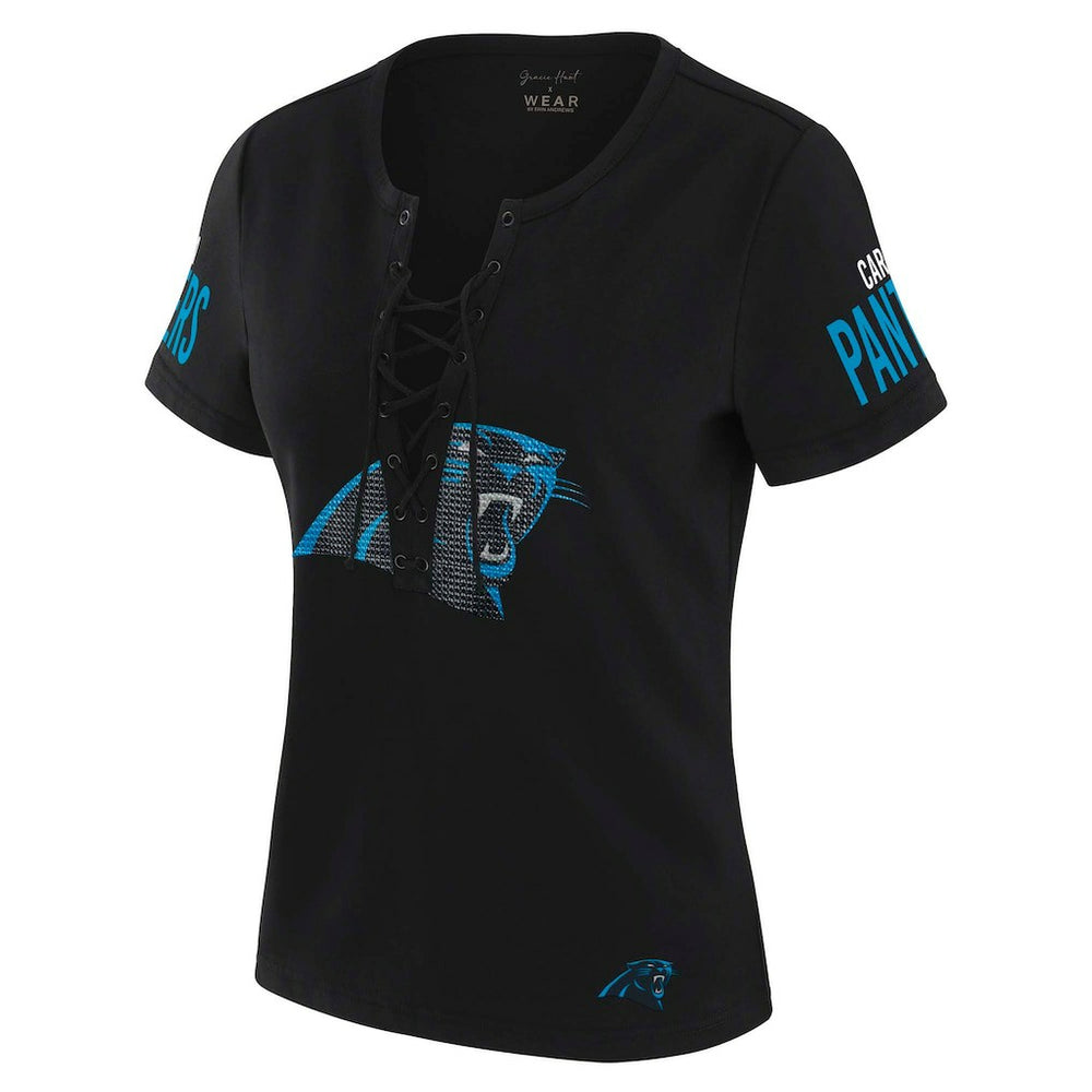 Carolina Panthers WEAR by Erin Andrews x Gracie Hunt Women's Draft Me Lace-Up T-Shirt Black