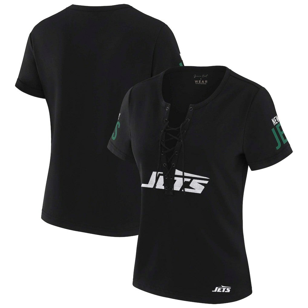 New York Jets WEAR by Erin Andrews x Gracie Hunt Women's Draft Me Lace-Up T-Shirt Black