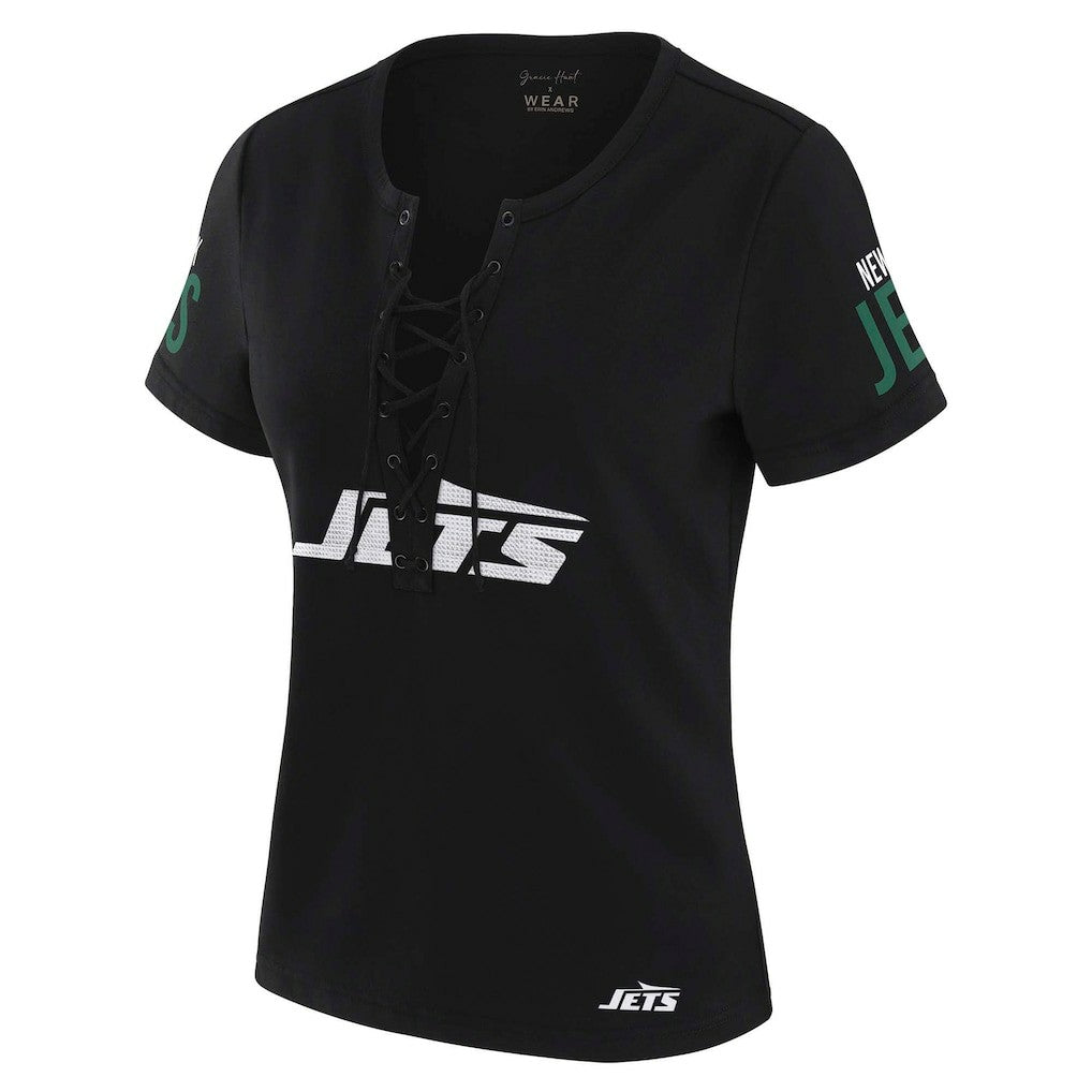 New York Jets WEAR by Erin Andrews x Gracie Hunt Women's Draft Me Lace-Up T-Shirt Black