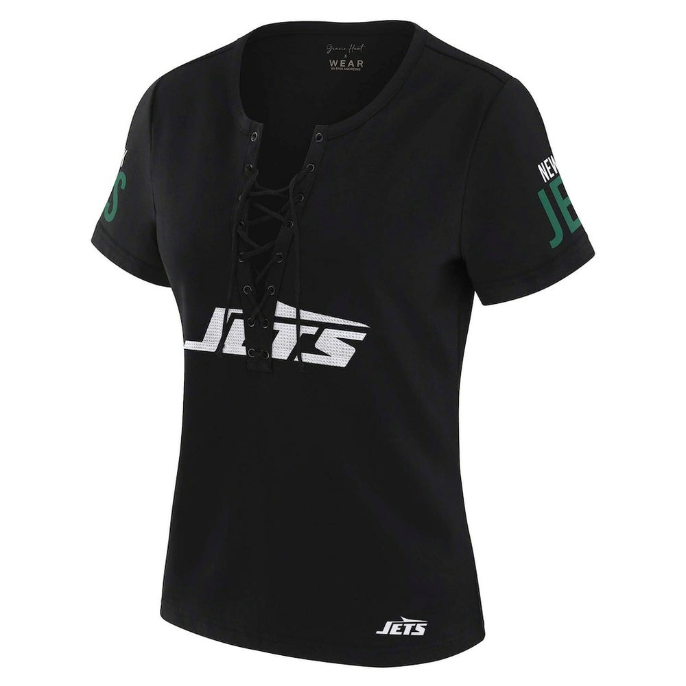 New York Jets WEAR by Erin Andrews x Gracie Hunt Women's Draft Me Lace-Up T-Shirt Black