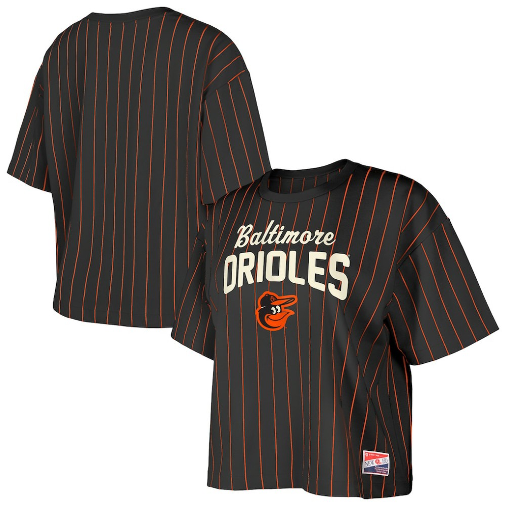 Baltimore Orioles New Era Women's Cooperstown Collection Multiplier Pinstripe Cropped T-Shirt - Black T-shirts