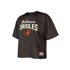 Baltimore Orioles New Era Women's Cooperstown Collection Multiplier Pinstripe Cropped T-Shirt - Black T-shirts