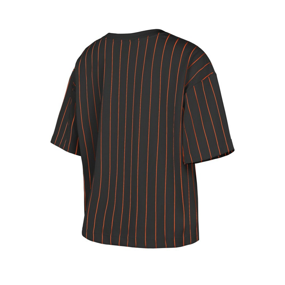 Baltimore Orioles New Era Women's Cooperstown Collection Multiplier Pinstripe Cropped T-Shirt - Black T-shirts