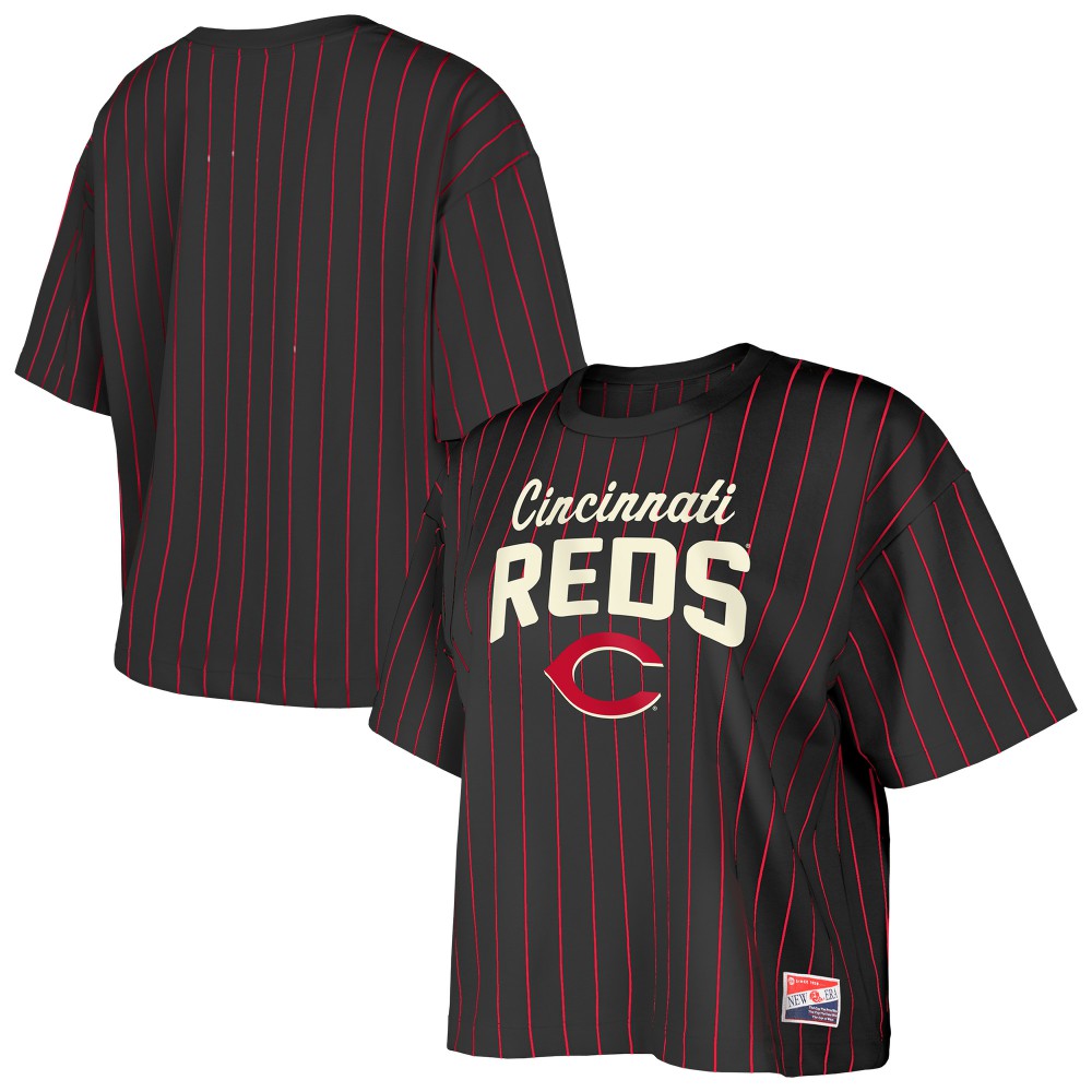 Cincinnati Reds New Era Women's Cooperstown Collection Multiplier Pinstripe Cropped T-Shirt - Black T-shirts