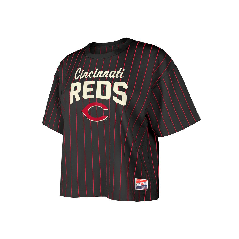 Cincinnati Reds New Era Women's Cooperstown Collection Multiplier Pinstripe Cropped T-Shirt - Black T-shirts