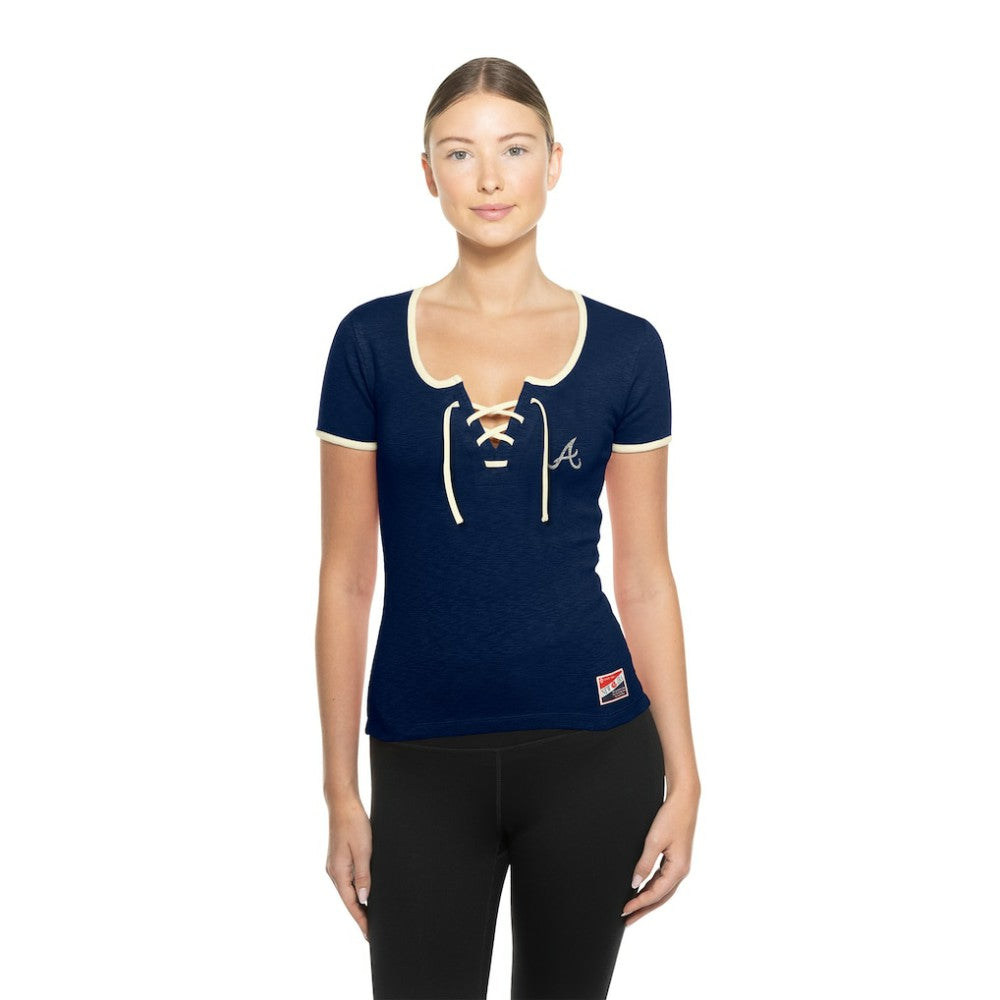 Atlanta Braves New Era Women's Throwback Lace Up T-Shirt - Navy T-shirts