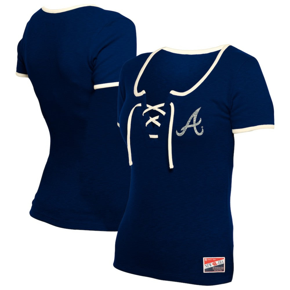 Atlanta Braves New Era Women's Throwback Lace Up T-Shirt - Navy T-shirts