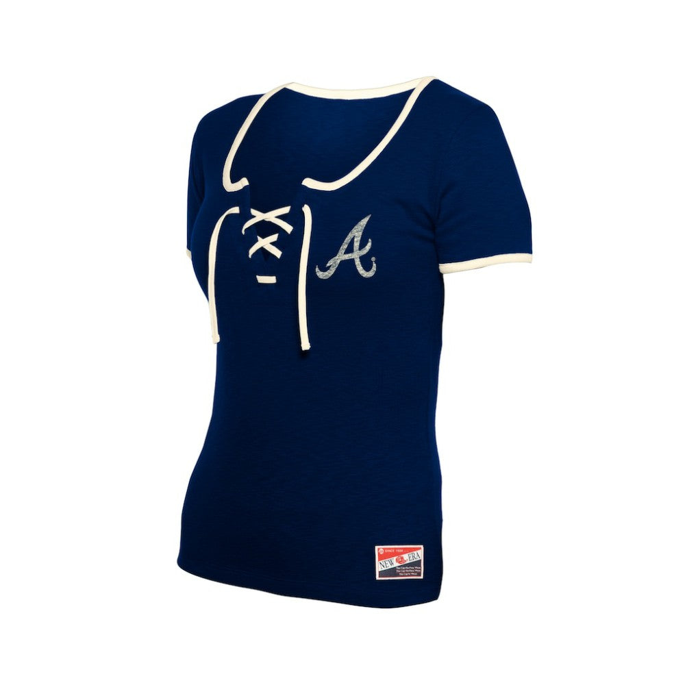Atlanta Braves New Era Women's Throwback Lace Up T-Shirt - Navy T-shirts