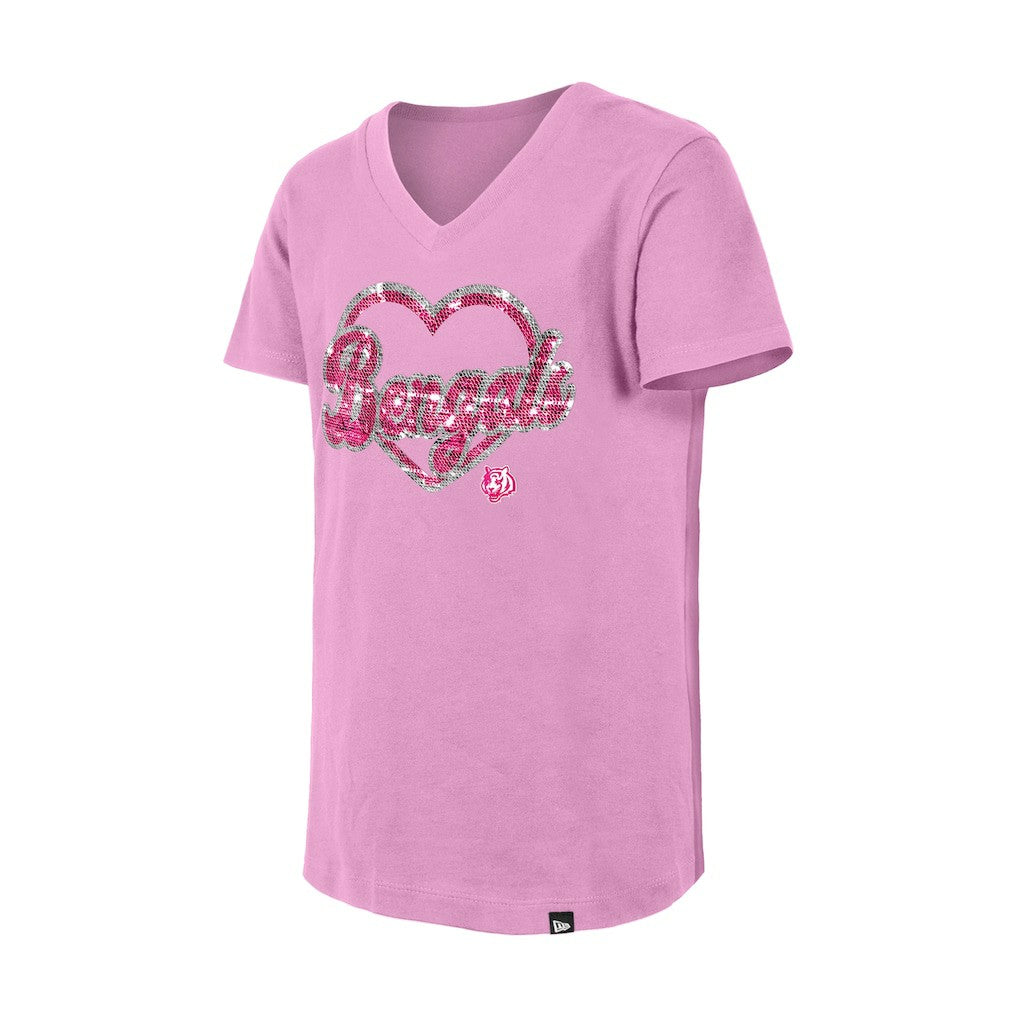 Cincinnati Bengals New Era Girls Youth Flip Sequins V-Neck T-Shirt Pink