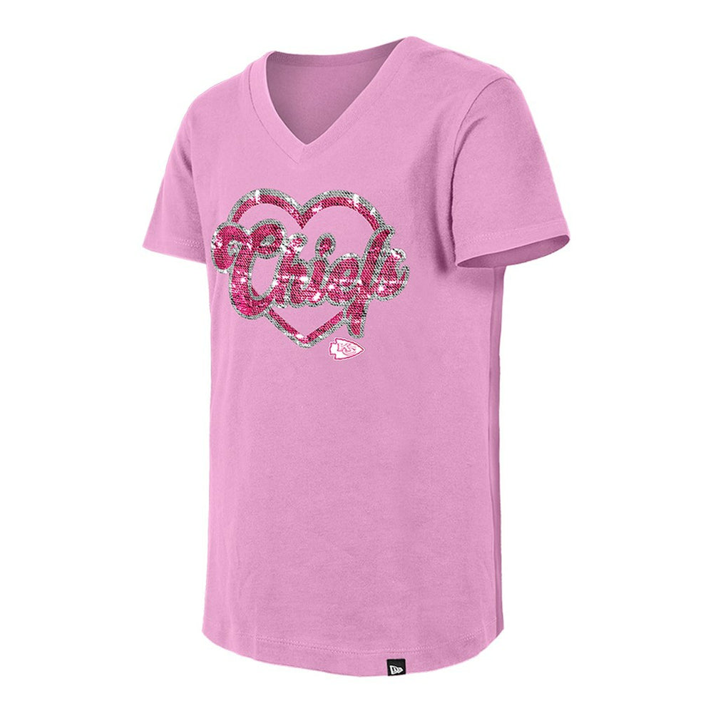 Kansas City Chiefs New Era Girls Youth Flip Sequins V-Neck T-Shirt Pink